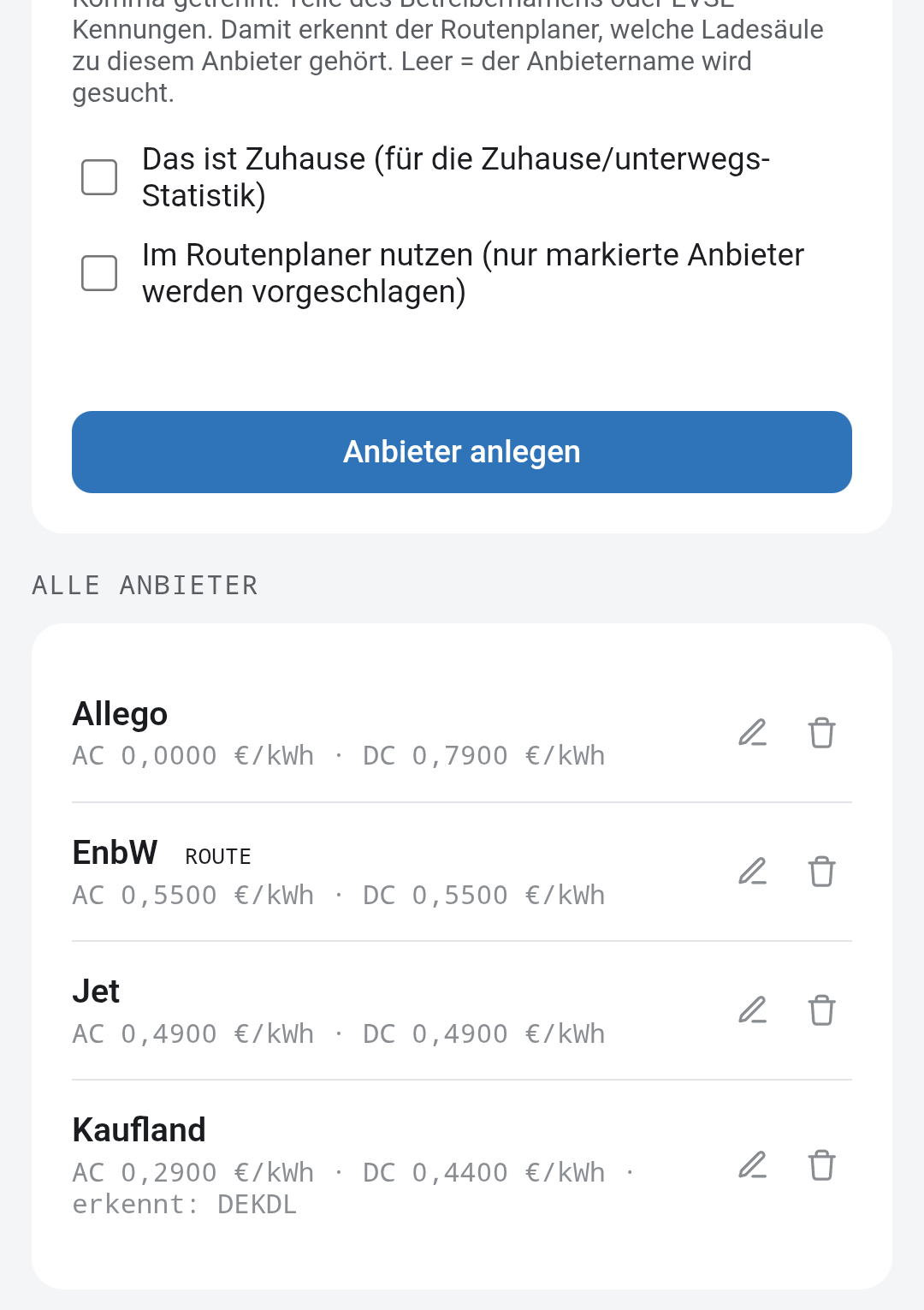 Anbieter anlegen und Anbieterliste