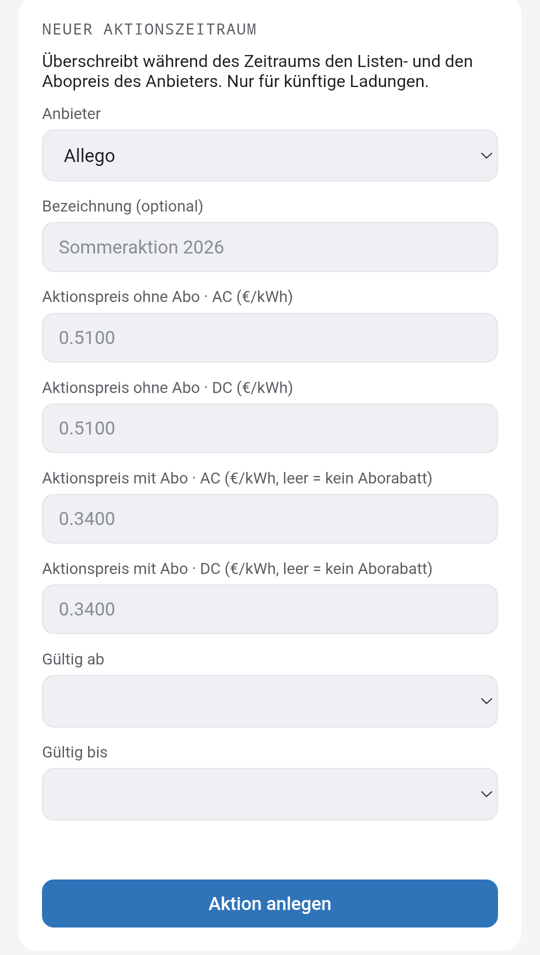 Aktionszeitraum anlegen