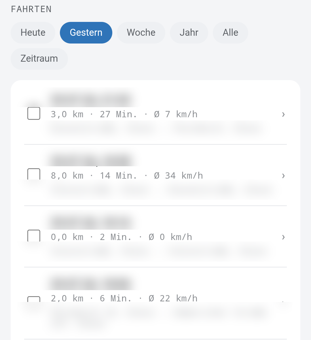 Fahrtenliste mit Zeitraum-Filter
