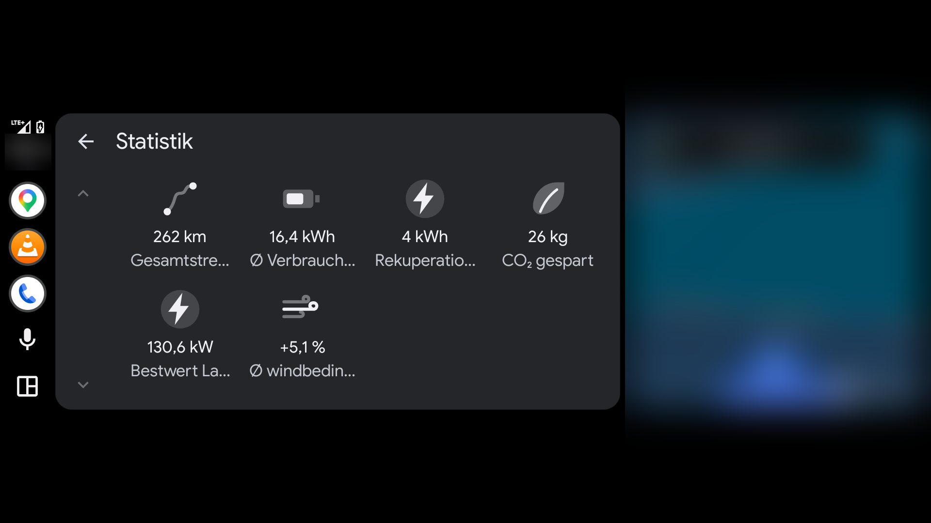 Statistik-Seite der Android-Auto-App mit Gesamtstrecke, Verbrauch, Rekuperation und CO2-Einsparung