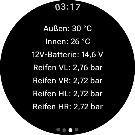 Temperaturen, 12V-Batterie und Reifendruck auf der Uhr-App